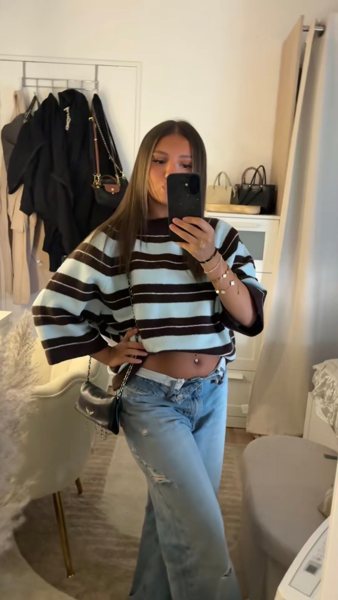 Pull rayé marron et bleu